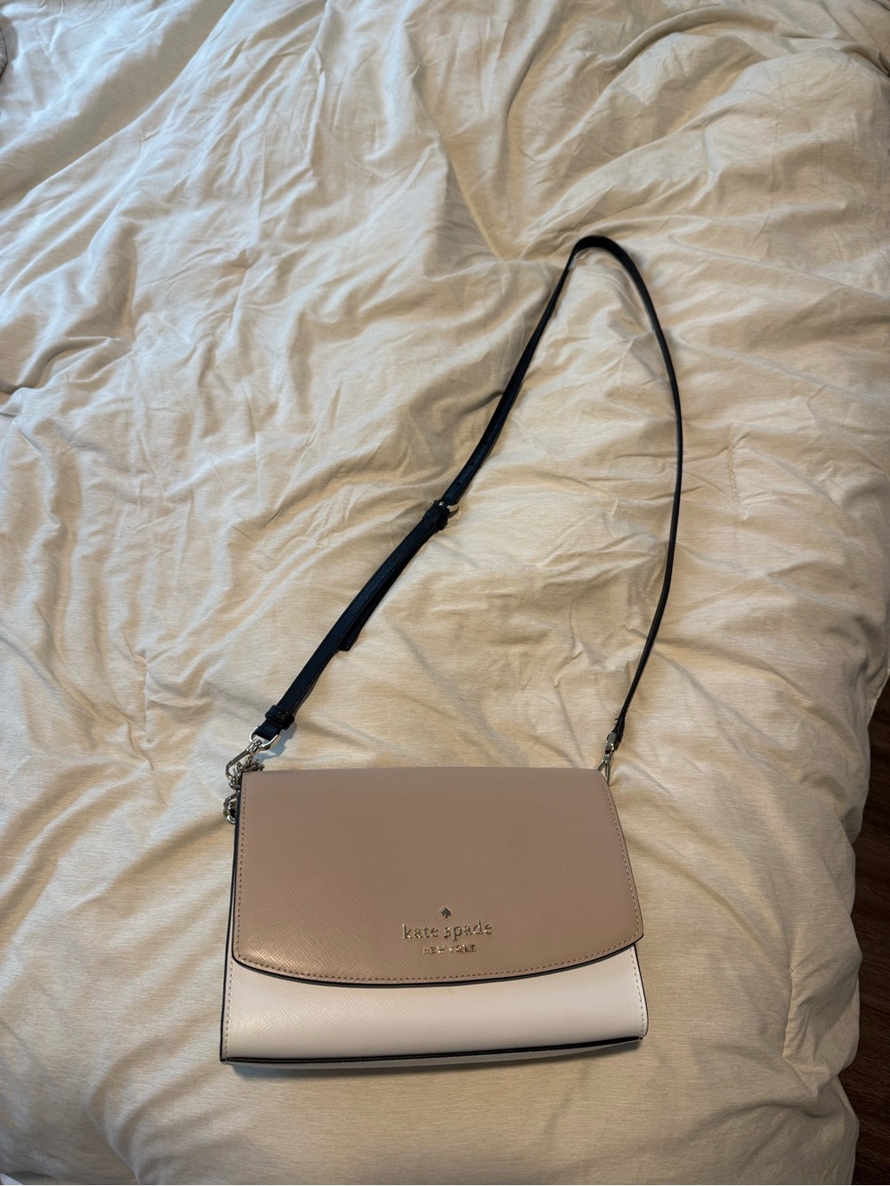 kate spade Two-Tone Flap Crossbody in Taupe & Cream with Black Strap